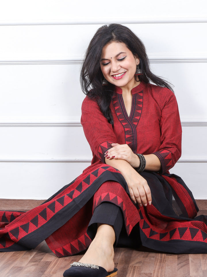 Iktaara Blood Red Patch Neck with Thread Work South Cotton 3 Piece Set