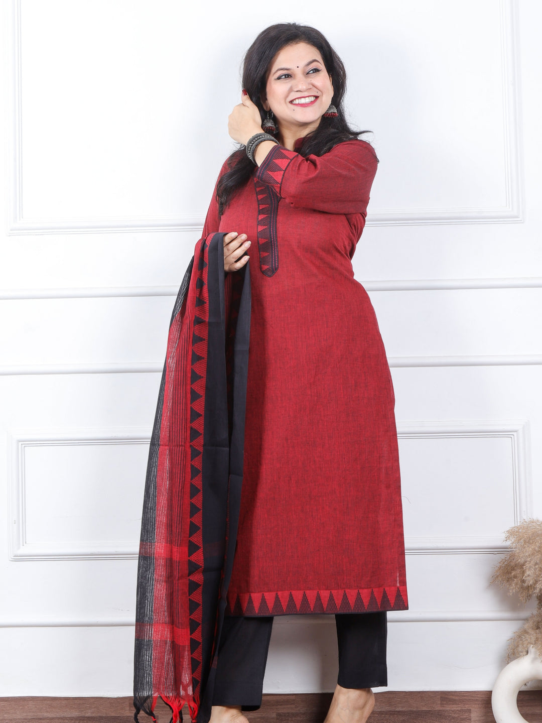 Iktaara Blood Red Patch Neck with Thread Work South Cotton 3 Piece Set