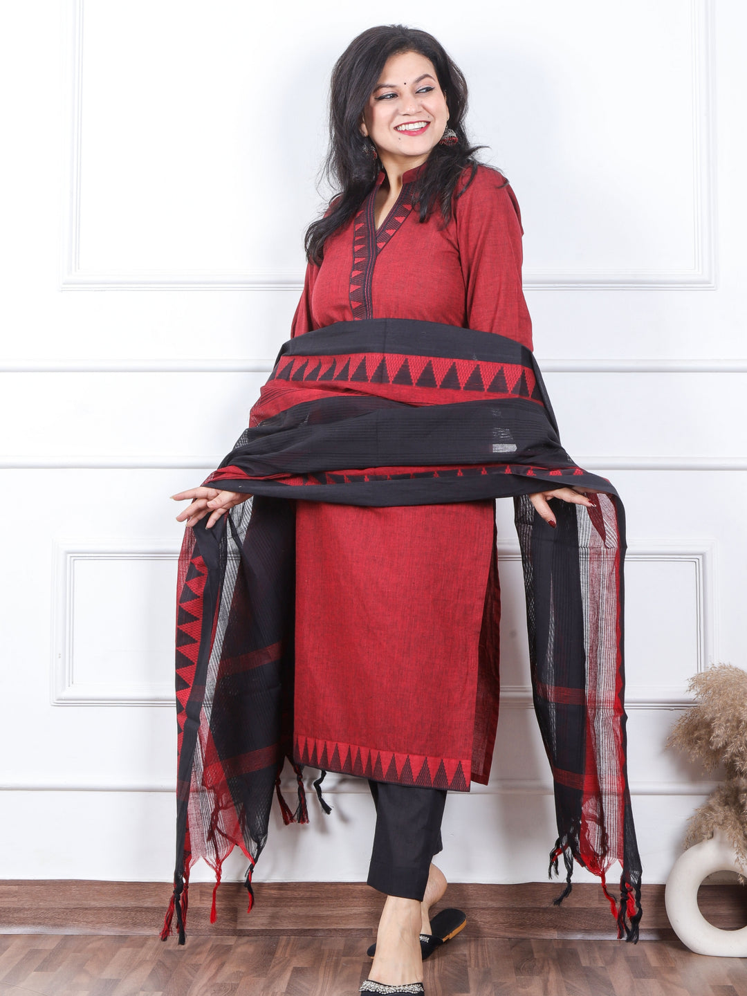 Iktaara Blood Red Patch Neck with Thread Work South Cotton 3 Piece Set