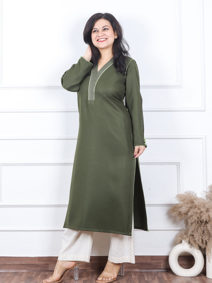 Bloosom Olive Green Running Thread Neck Work Semi Pashmina Winter Kurti