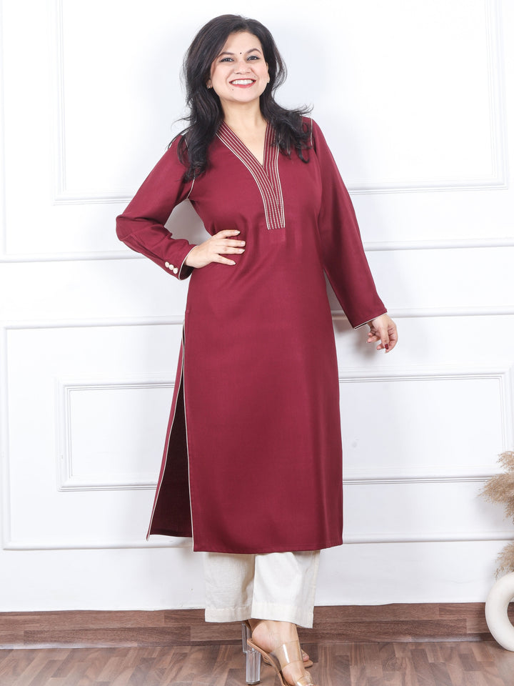 Bloosom Burgundy Red Running Thread Neck Work Semi Pashmina Winter Kurti