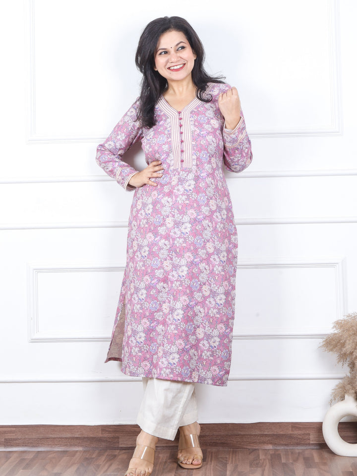 Bloosom Baby Lilac Floral Print in Thread With Fabric Button Semi Pashmina Kurti