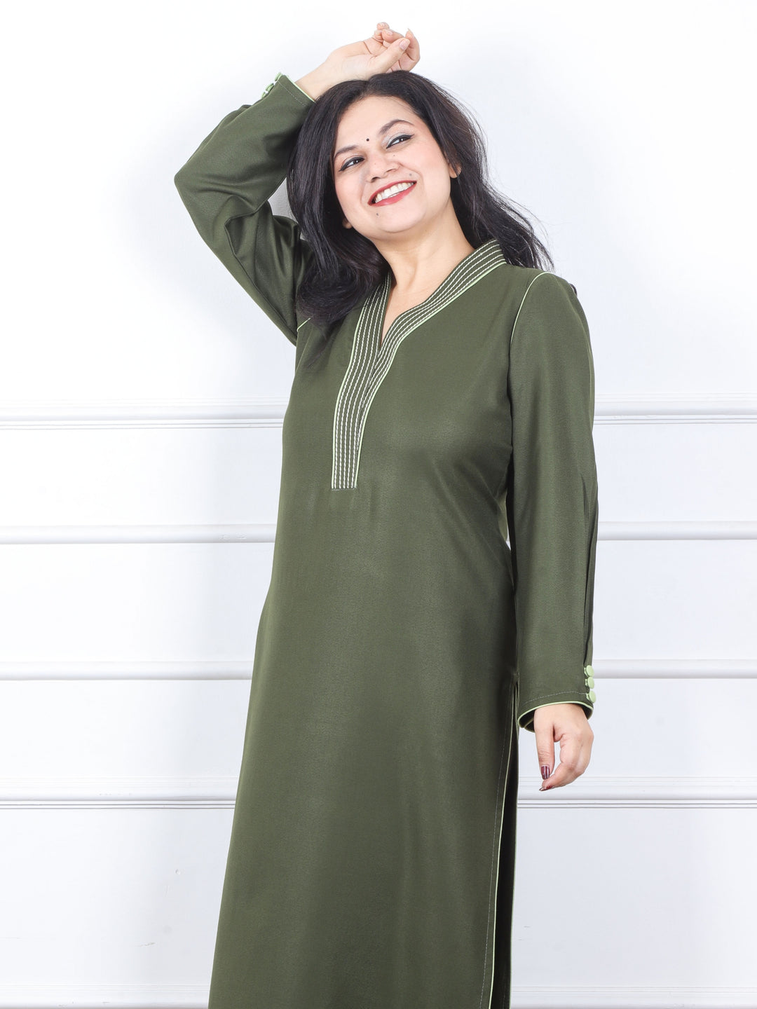 Bloosom Olive Green Running Thread Neck Work Semi Pashmina Winter Kurti