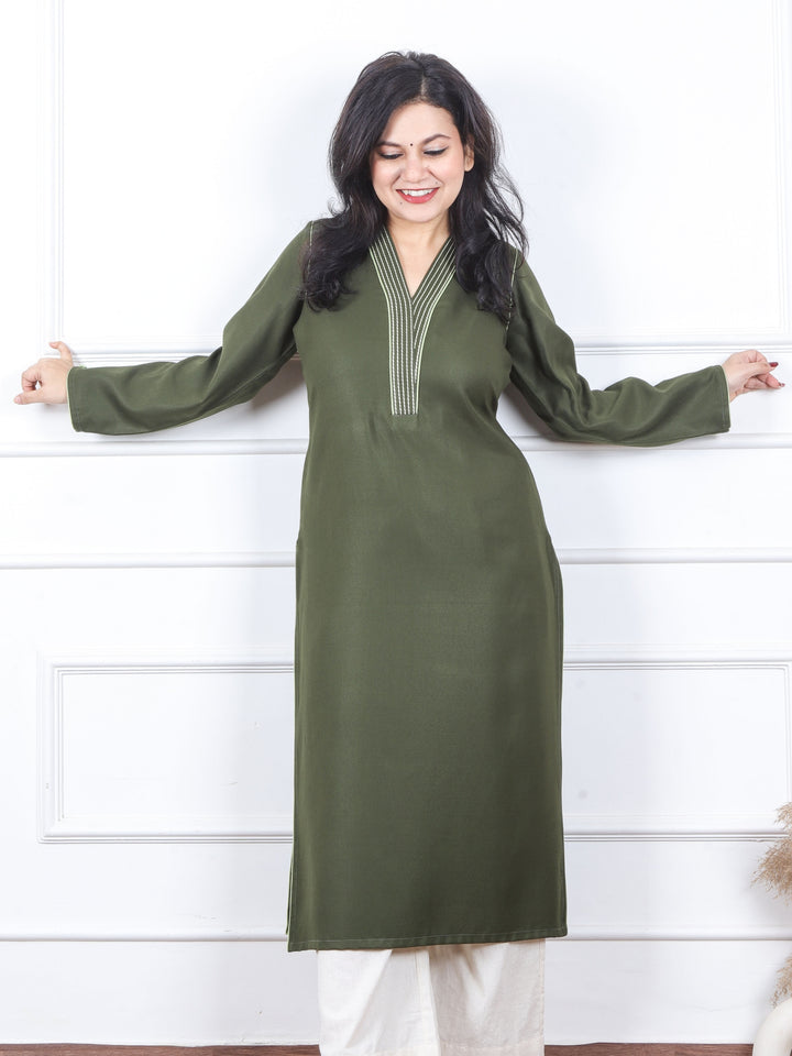 Bloosom Olive Green Running Thread Neck Work Semi Pashmina Winter Kurti