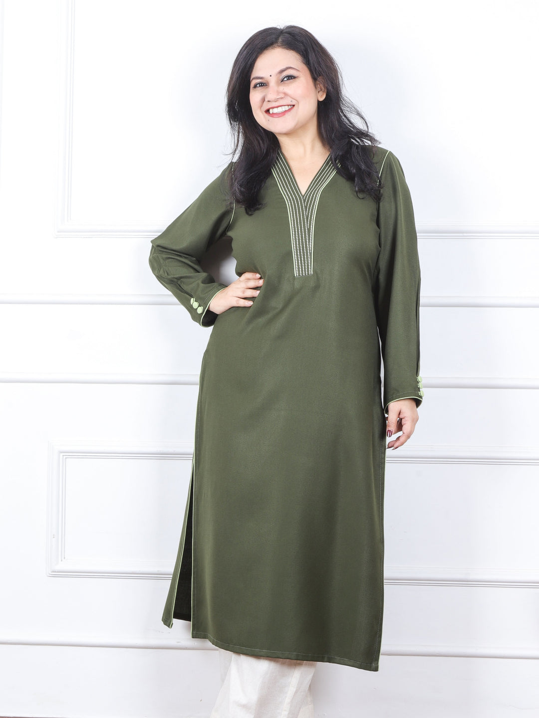 Bloosom Olive Green Running Thread Neck Work Semi Pashmina Winter Kurti