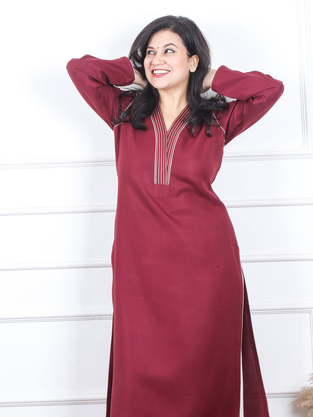 Bloosom Burgundy Red Running Thread Neck Work Semi Pashmina Winter Kurti