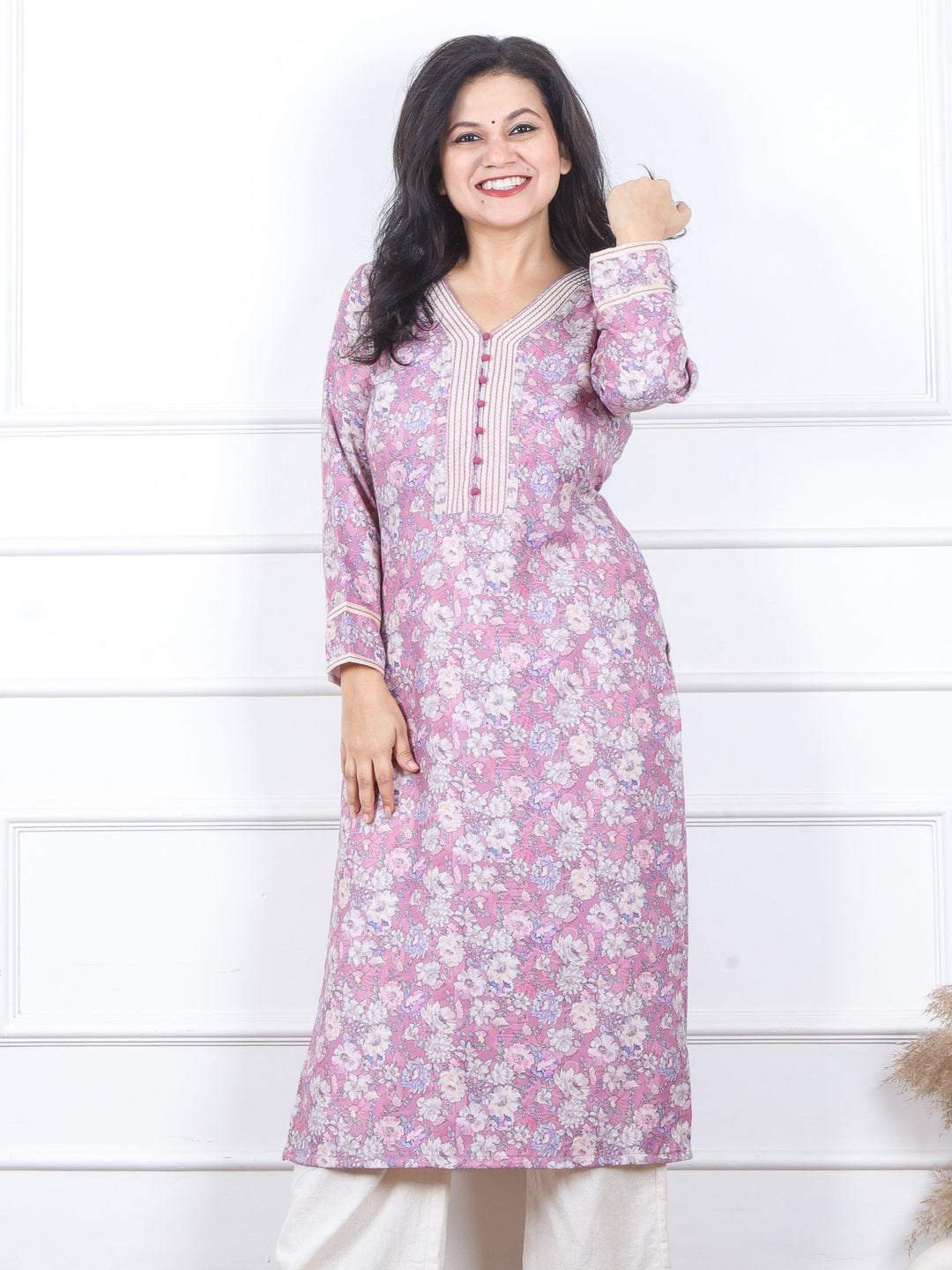 Bloosom Baby Lilac Floral Print in Thread With Fabric Button Semi Pashmina Kurti