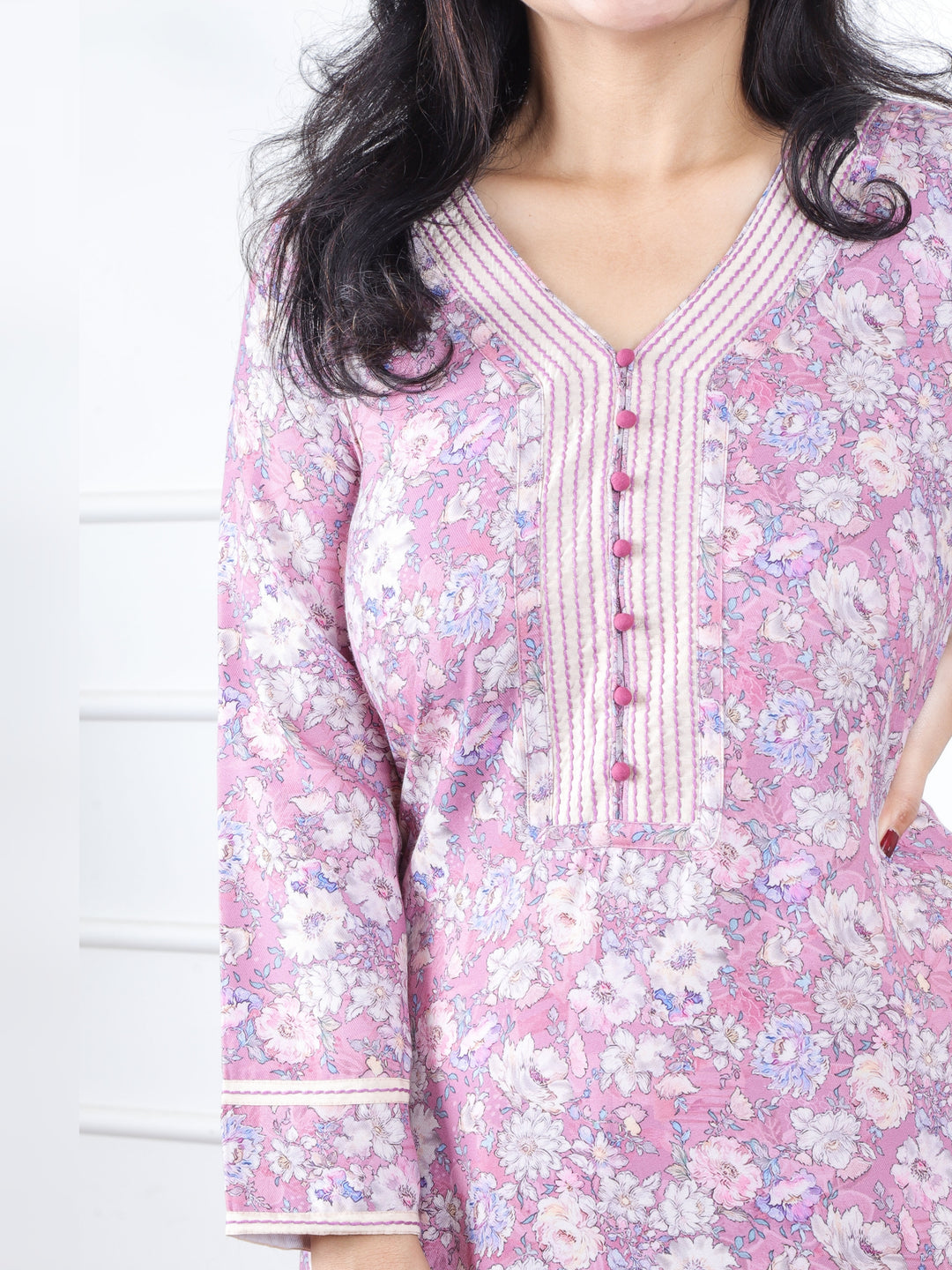 Bloosom Baby Lilac Floral Print in Thread With Fabric Button Semi Pashmina Kurti