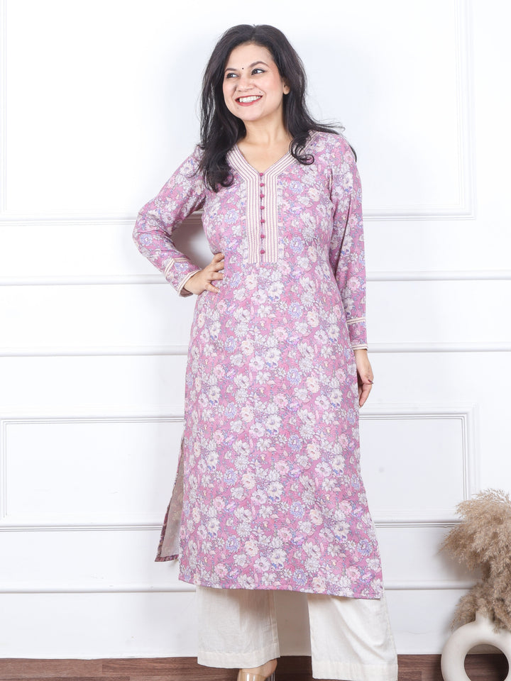 Bloosom Baby Lilac Floral Print in Thread With Fabric Button Semi Pashmina Kurti