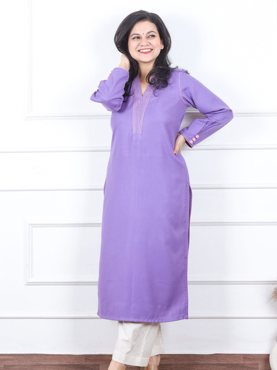 Bloosom Pansy Lilac Running Thread Neck Work Semi Pashmina Winter Kurti