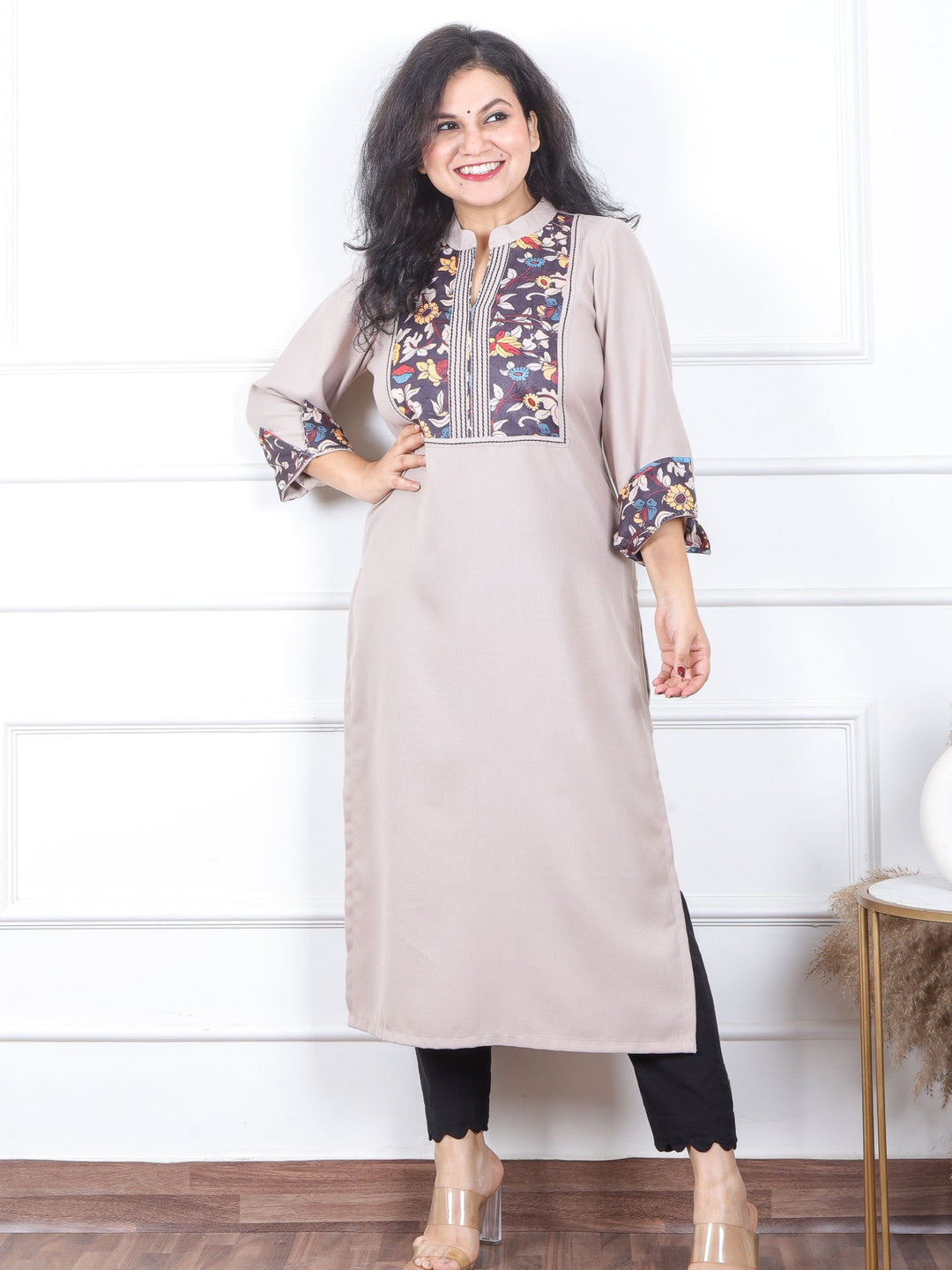 चांदनी Latte Mocha Beige Kalamkari Print Patch in Semi Pashmina Winter Kurti