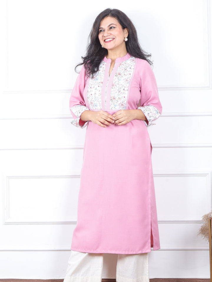 चांदनी Soft Pink Floral Printed Patch in Semi Pashmina Winter Kurti