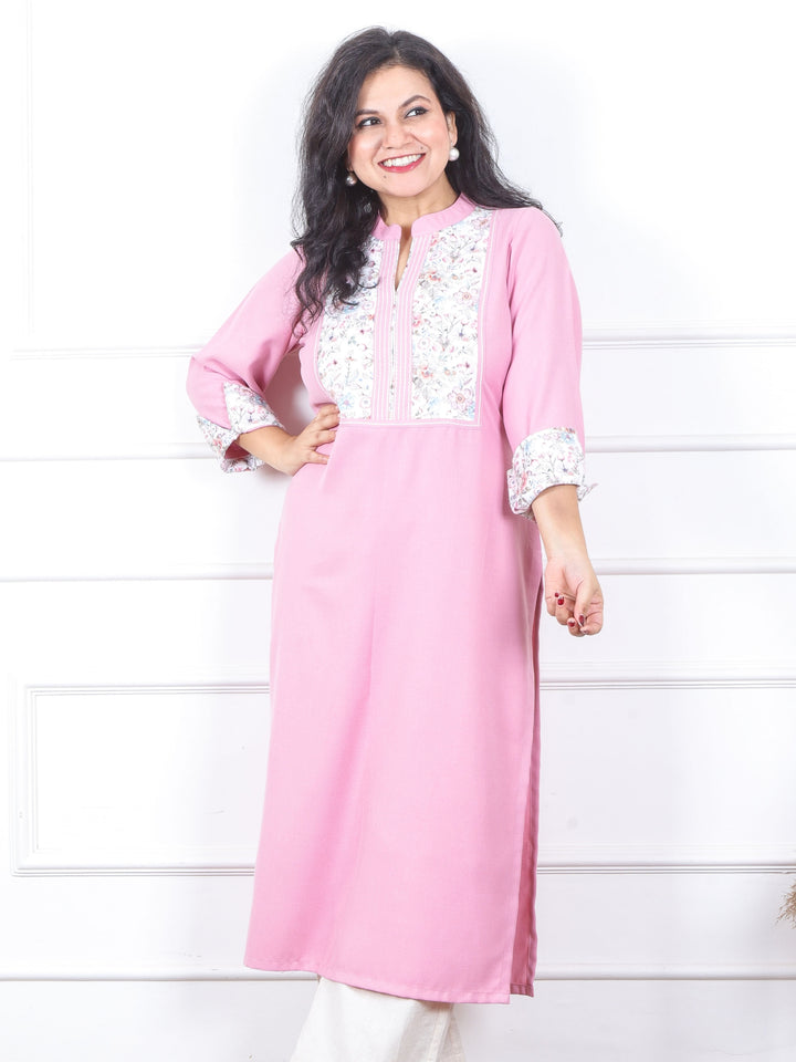 चांदनी Soft Pink Floral Printed Patch in Semi Pashmina Winter Kurti