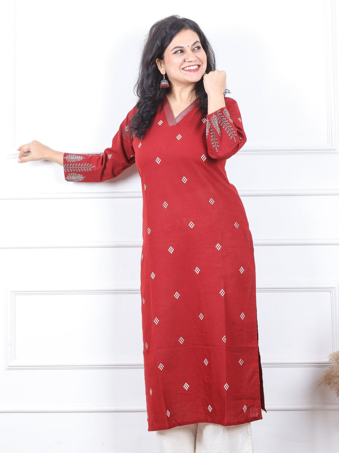 चांदनी Cherry Red V Neck with Thread Buti Work Cotton Kurti