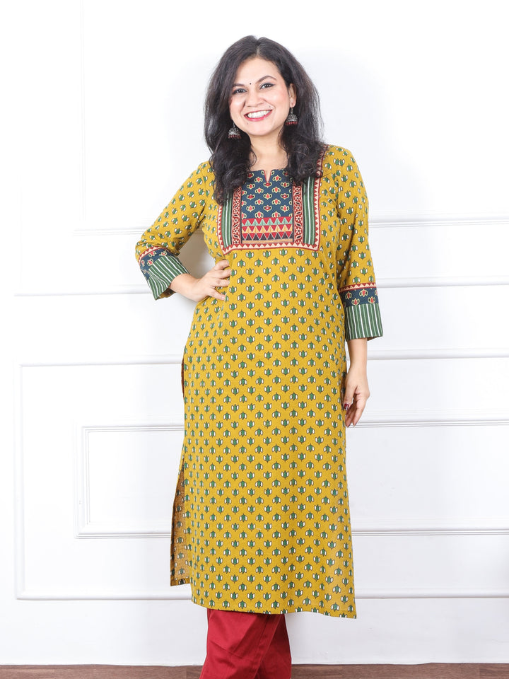 Rooh Cyber Yellow Mirror in Printed Ajrak Patch Cotton Kurti-D3