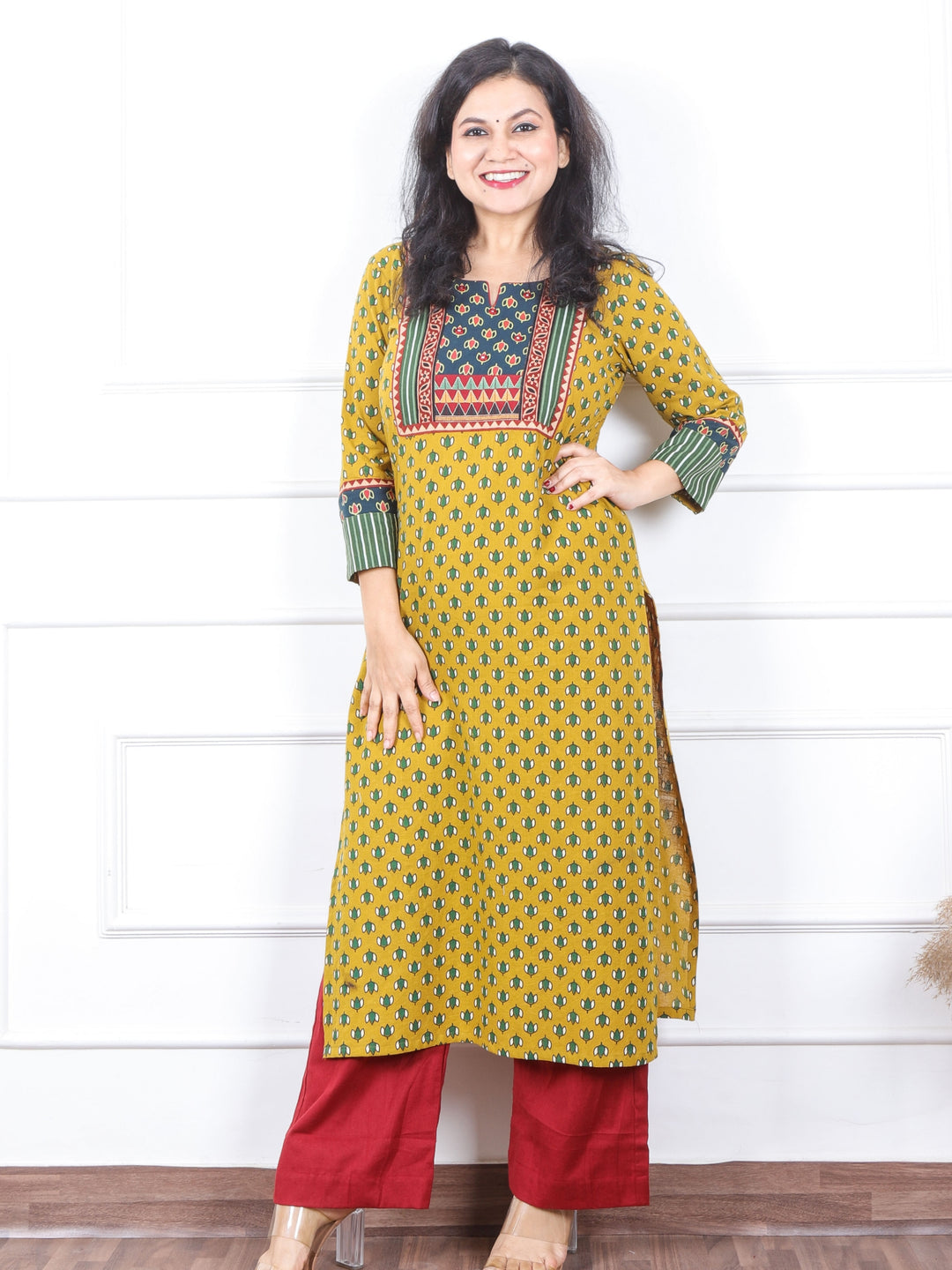 Rooh Cyber Yellow Mirror in Printed Ajrak Patch Cotton Kurti-D3