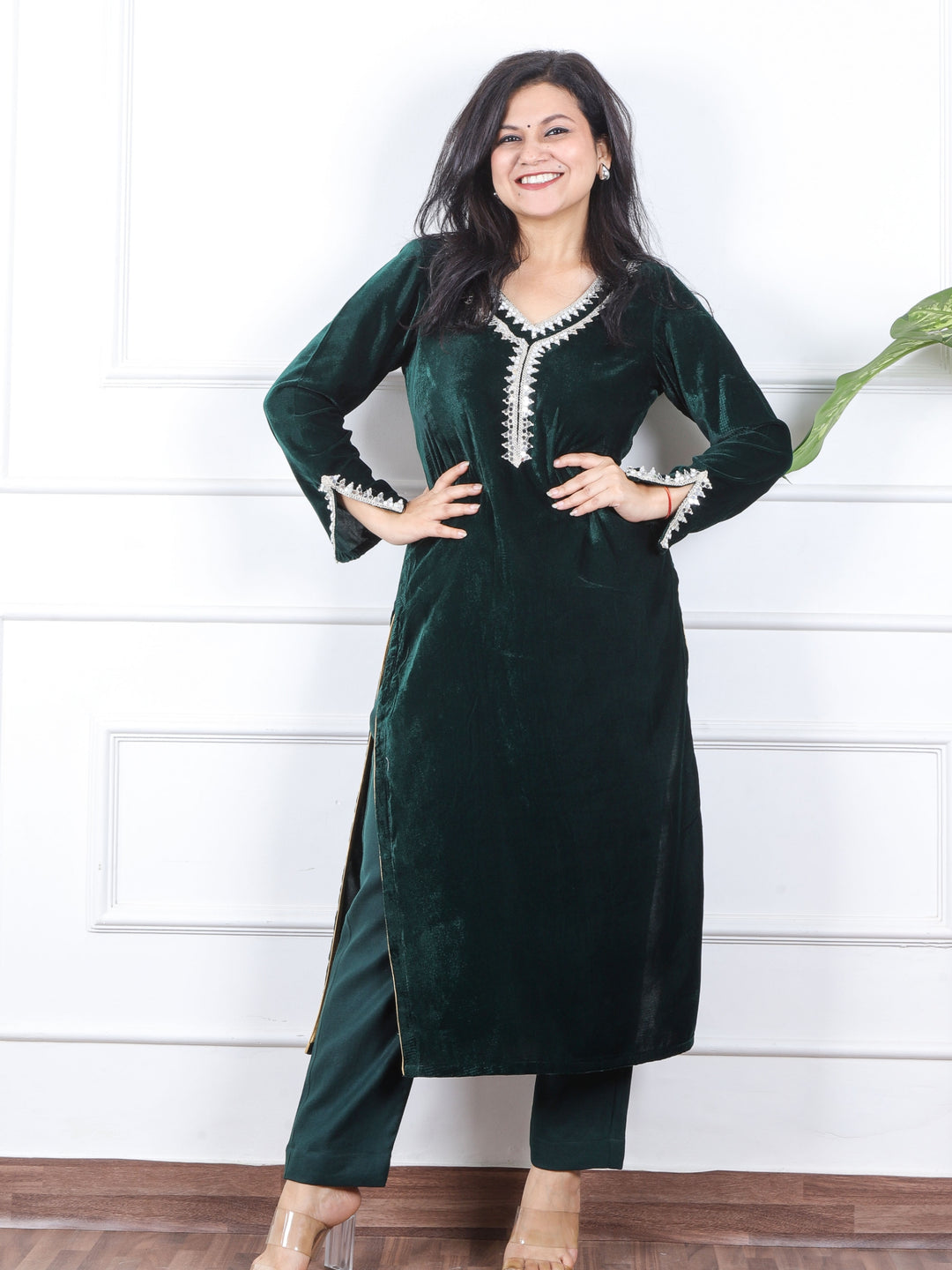 सजना Sacramento Green Lace Neck Work Velvet Winter Kurti