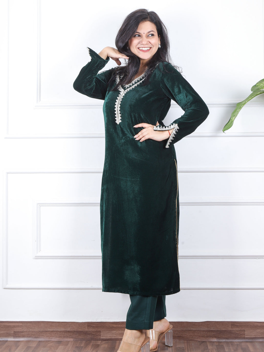 सजना Sacramento Green Lace Neck Work Velvet Winter Kurti