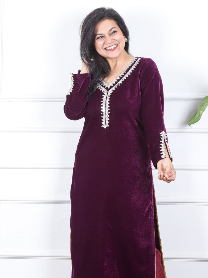 सजना Eggplant Purple Lace Neck Work Velvet Winter Kurti