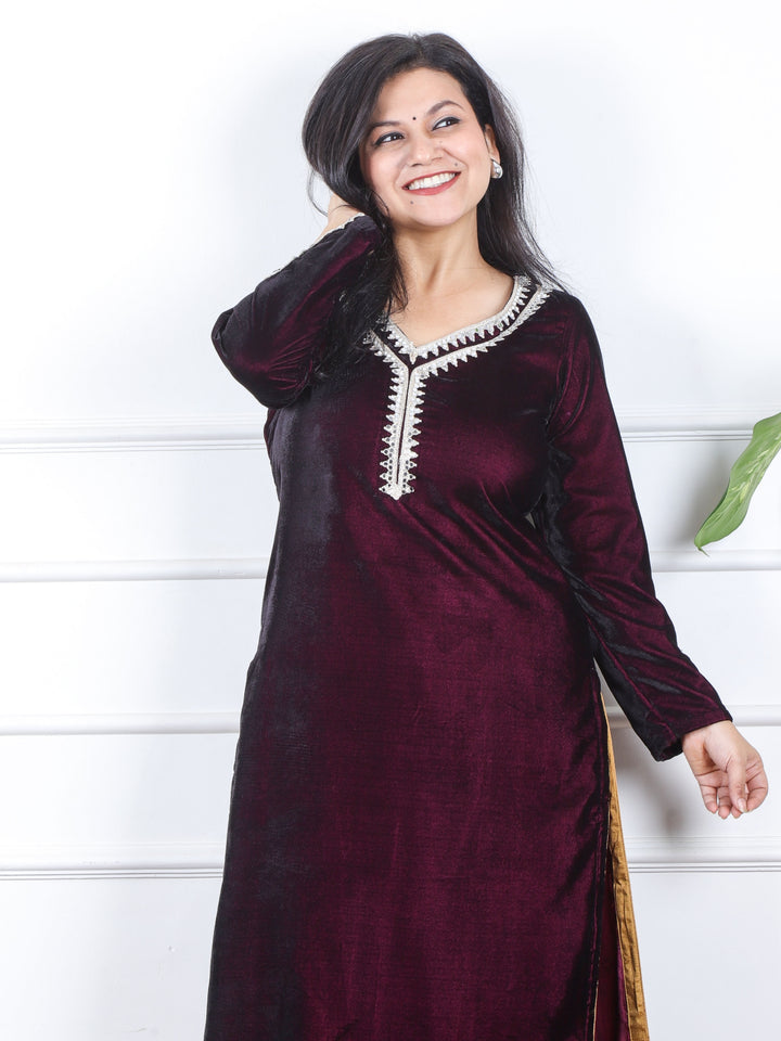 सजना Raisin Plum Purple Lace Neck Work Velvet Winter Kurti