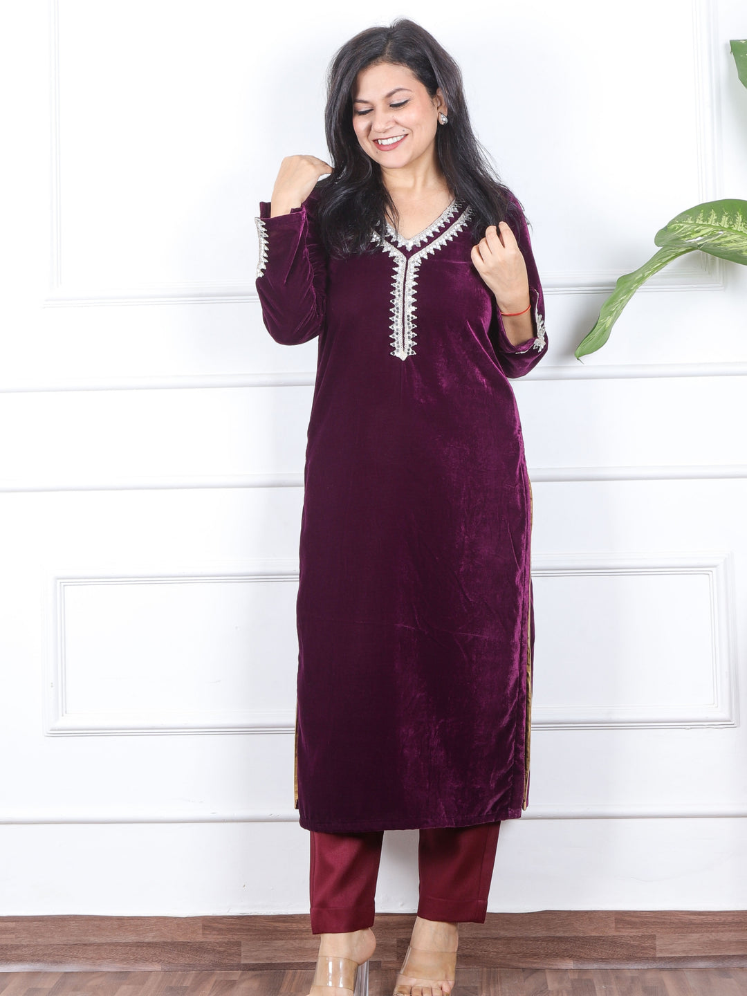 सजना Eggplant Purple Lace Neck Work Velvet Winter Kurti