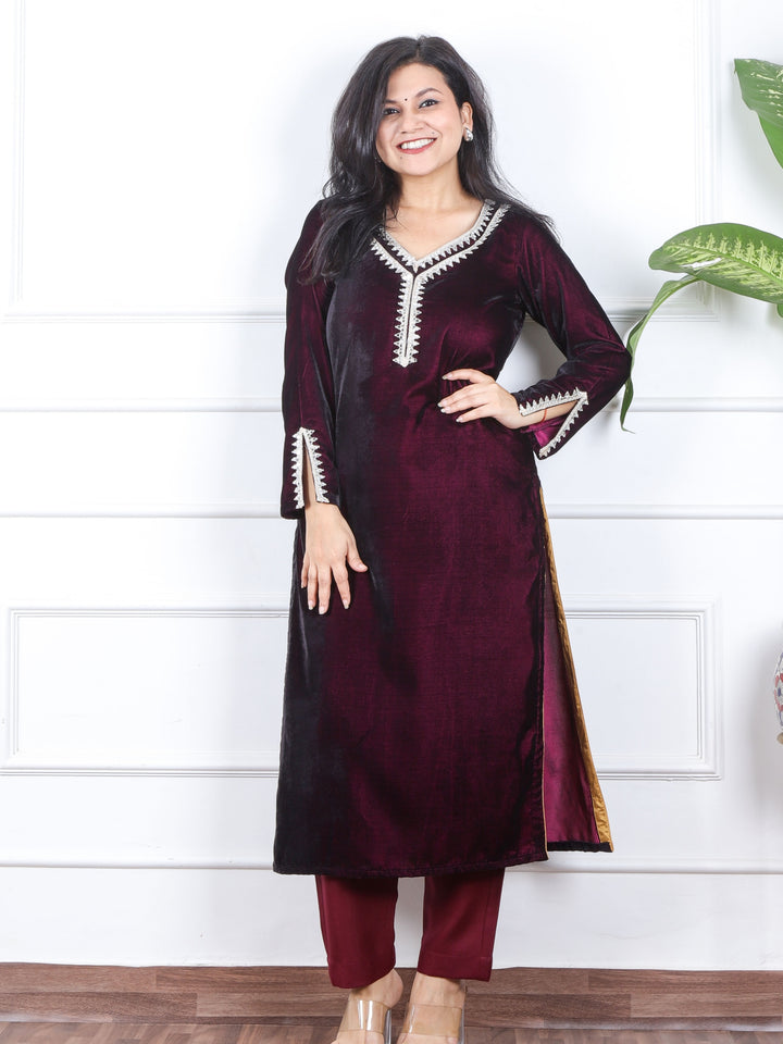 सजना Raisin Plum Purple Lace Neck Work Velvet Winter Kurti