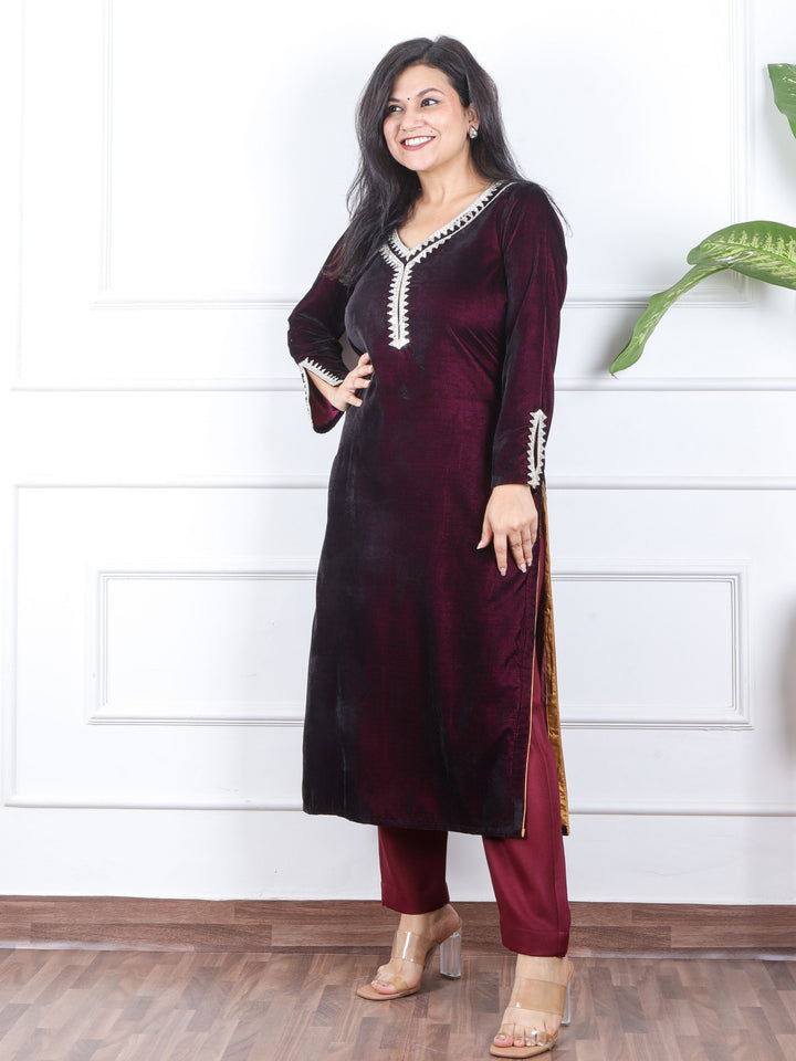 सजना Raisin Plum Purple Lace Neck Work Velvet Winter Kurti