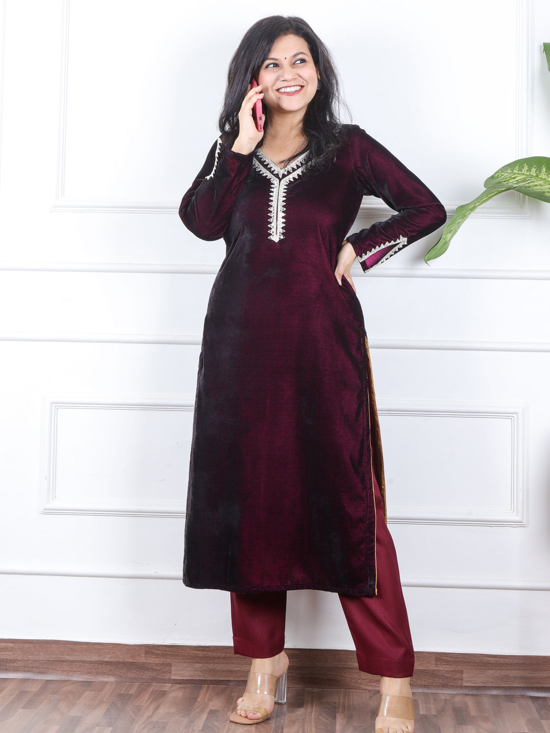 सजना Raisin Plum Purple Lace Neck Work Velvet Winter Kurti