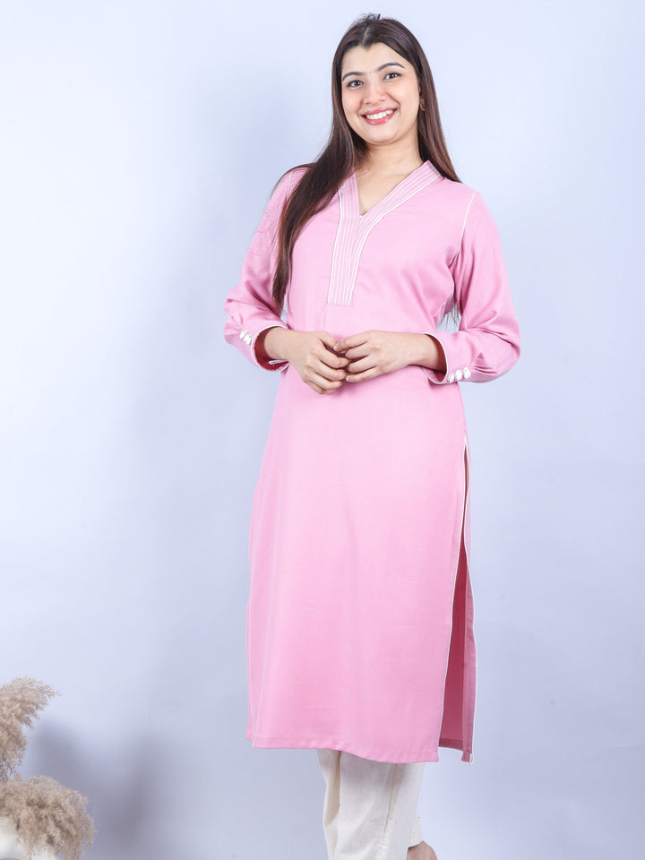 Bloosom Candy Pink Running Thread Neck Work Semi Pashmina Winter Kurti