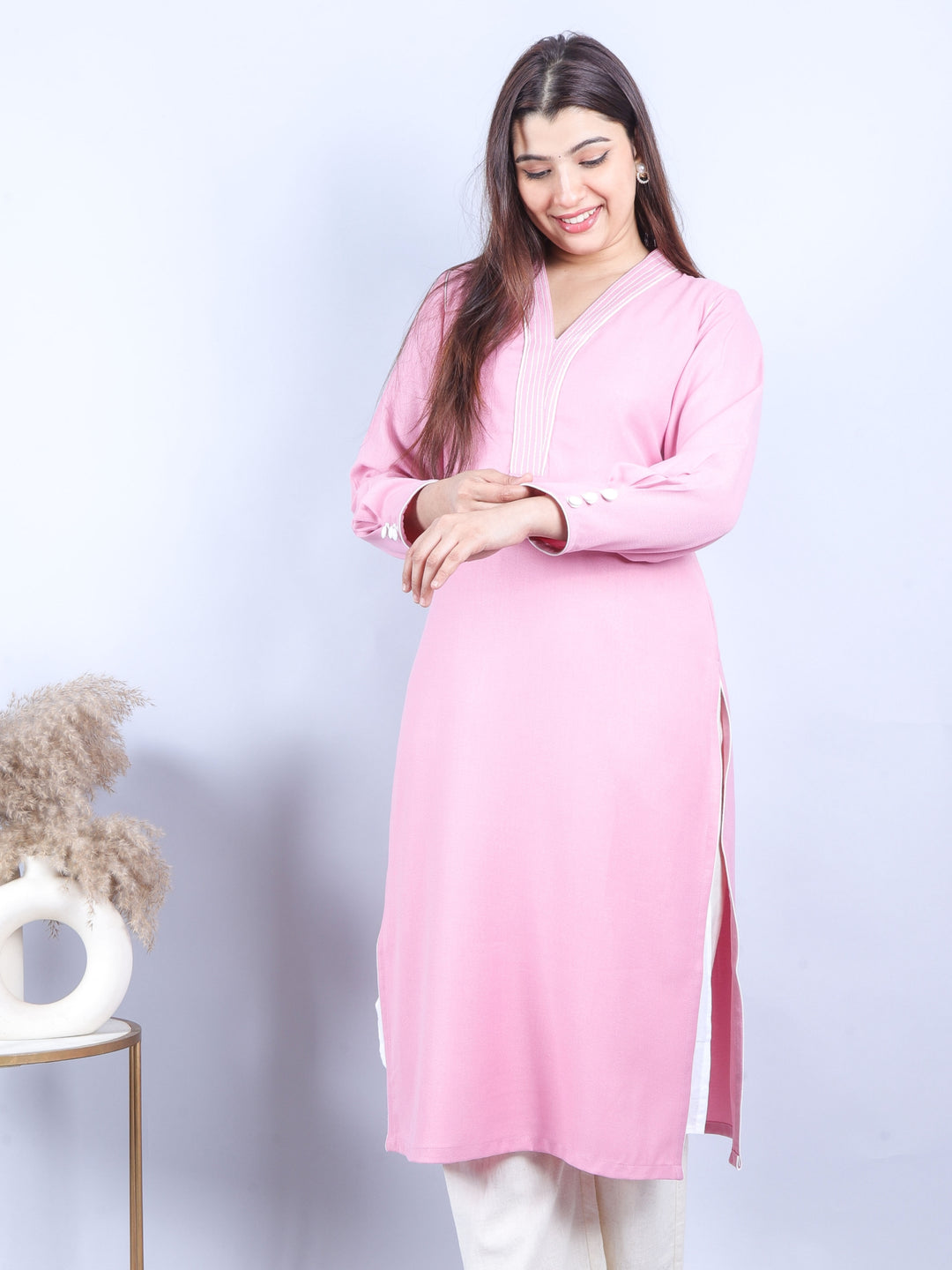 Bloosom Candy Pink Running Thread Neck Work Semi Pashmina Winter Kurti