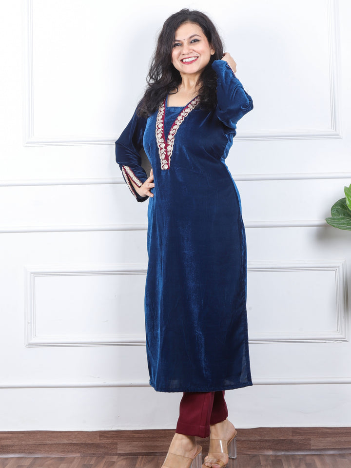 साध्गी Royal Blue V Neck Lace Work Velvet Winter Kurti-D2