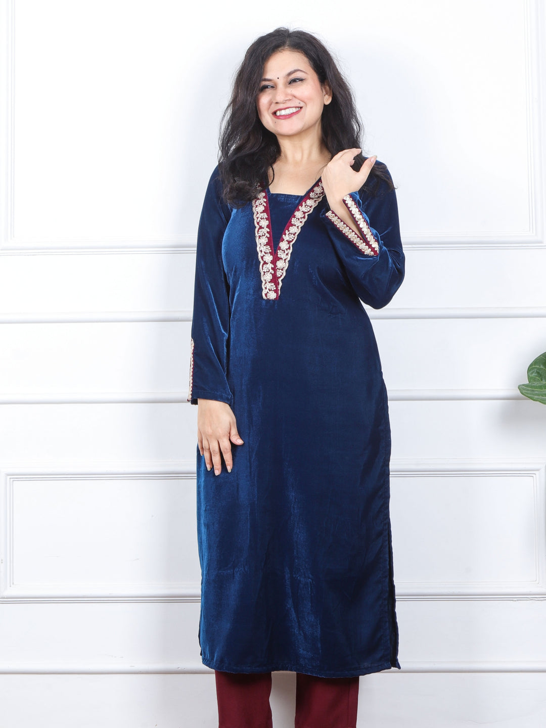 साध्गी Royal Blue V Neck Lace Work Velvet Winter Kurti-D2