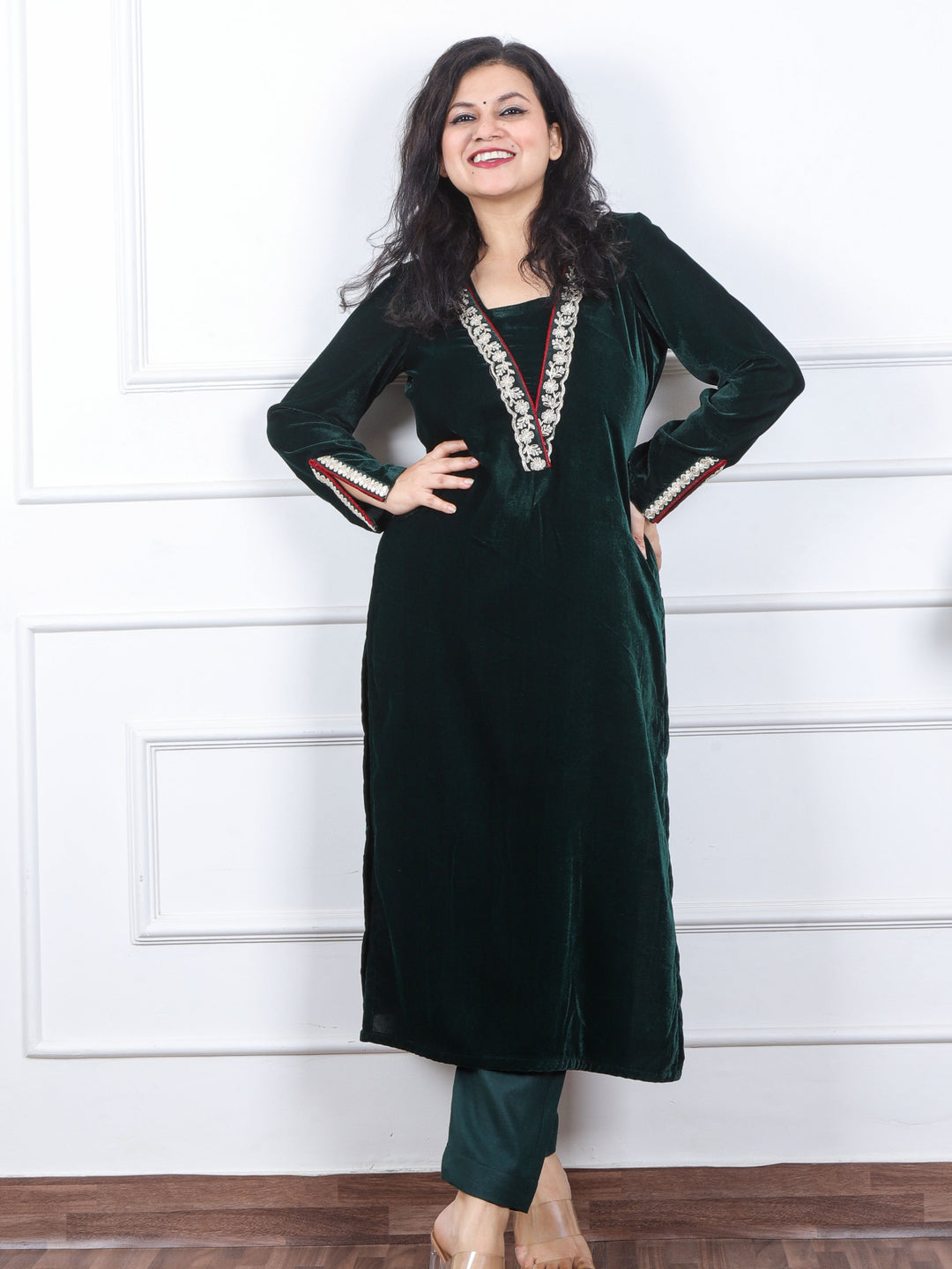 साध्गी Sacramento Green V Neck Lace Work Velvet Winter Kurti-D2