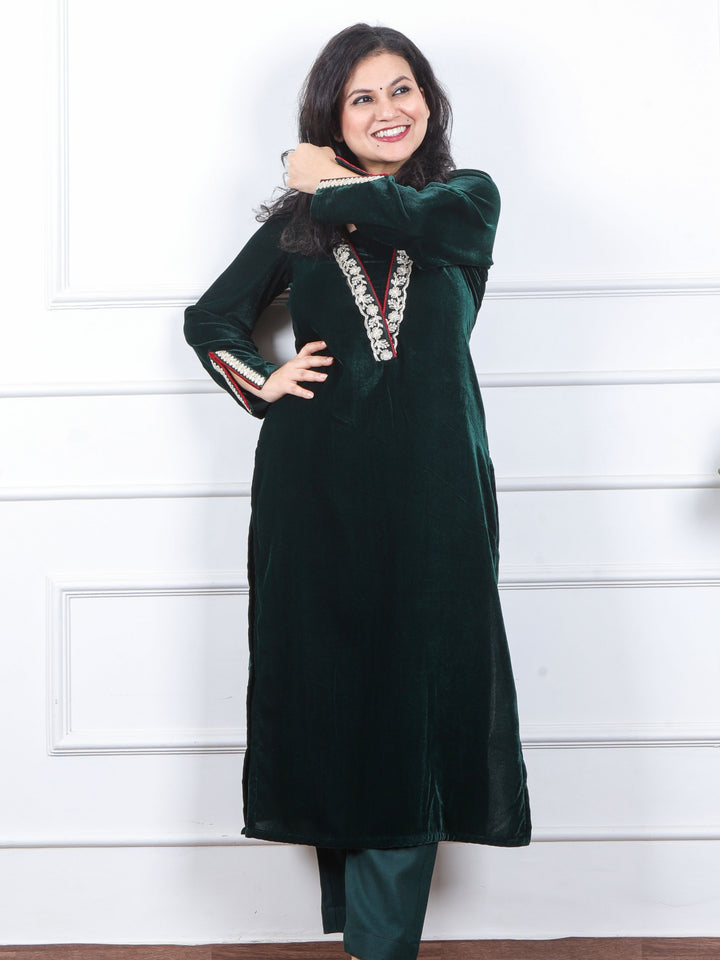 साध्गी Sacramento Green V Neck Lace Work Velvet Winter Kurti-D2