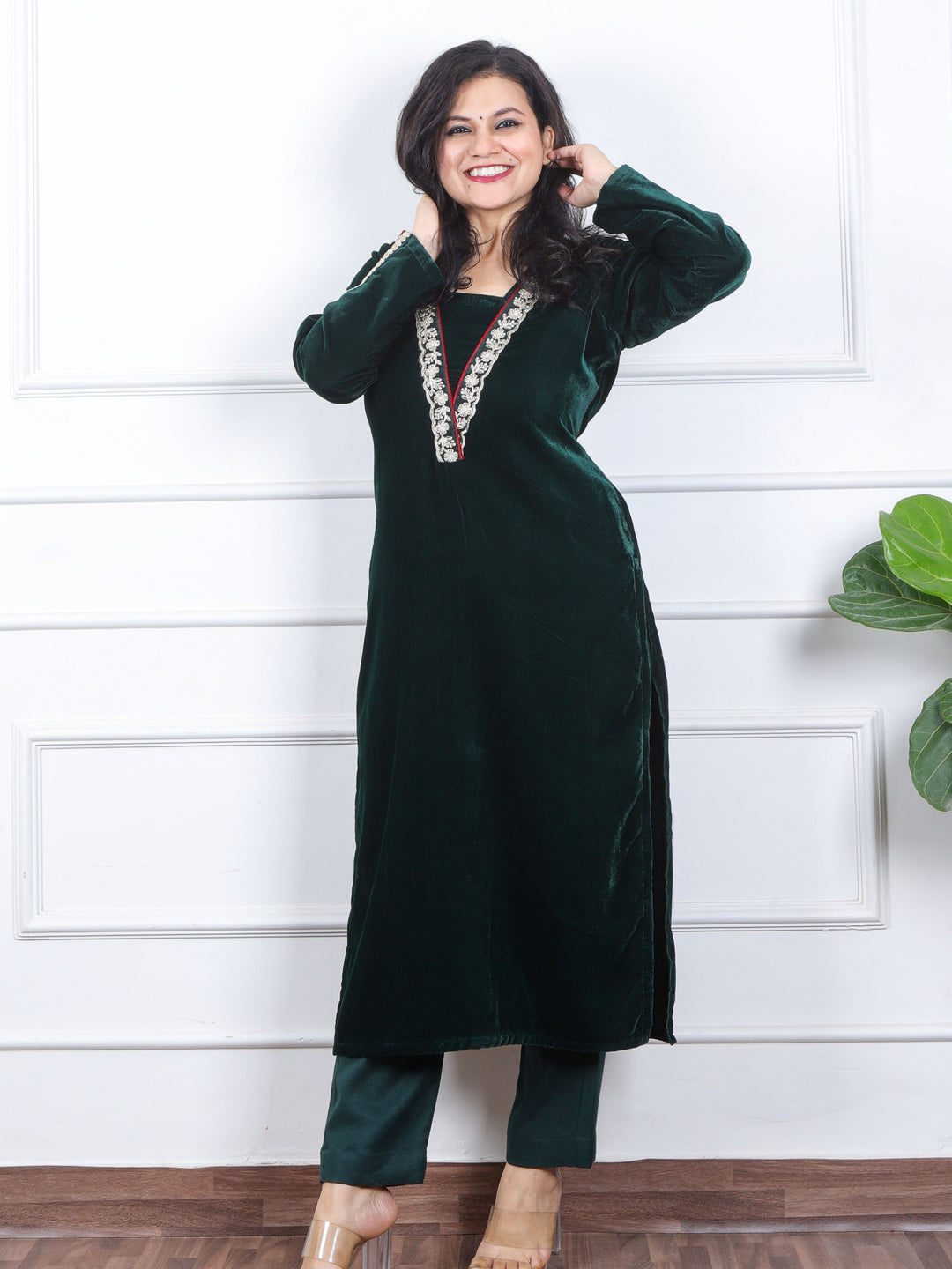 साध्गी Sacramento Green V Neck Lace Work Velvet Winter Kurti-D2