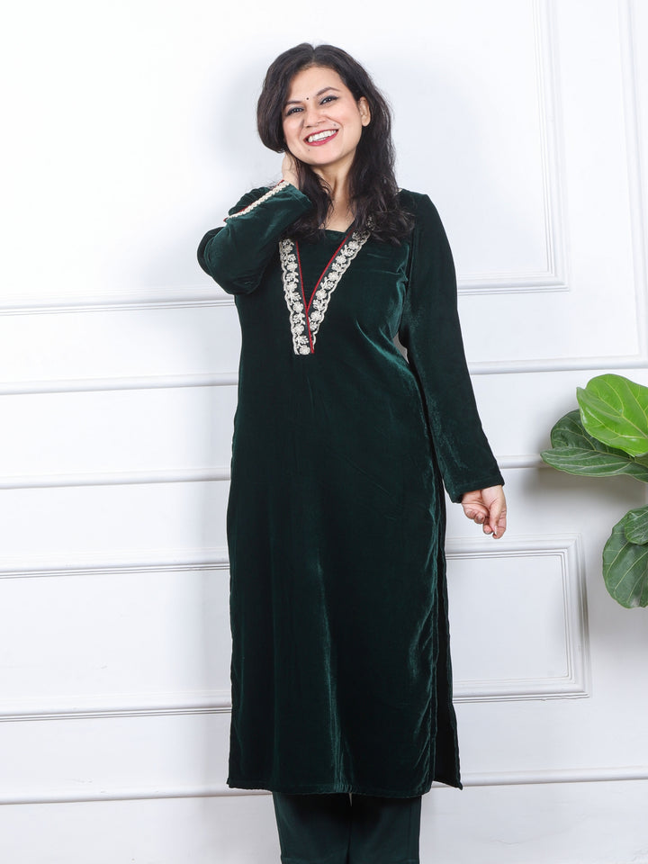 साध्गी Sacramento Green V Neck Lace Work Velvet Winter Kurti-D2