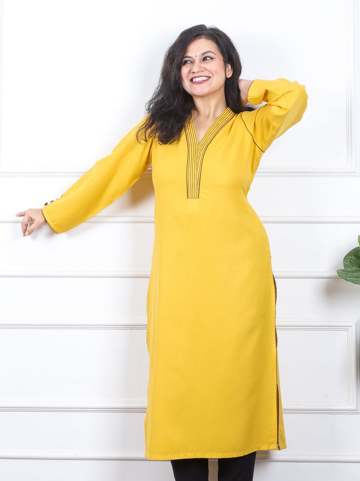 इश्किया Sunshine Yellow Running Thread Neck Work Semi Pashmina Winter Kurti