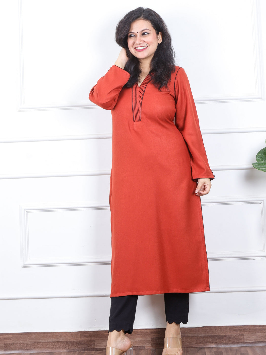 इश्किया Rusty Orange Running Thread Neck Work Semi Pashmina Winter Kurti