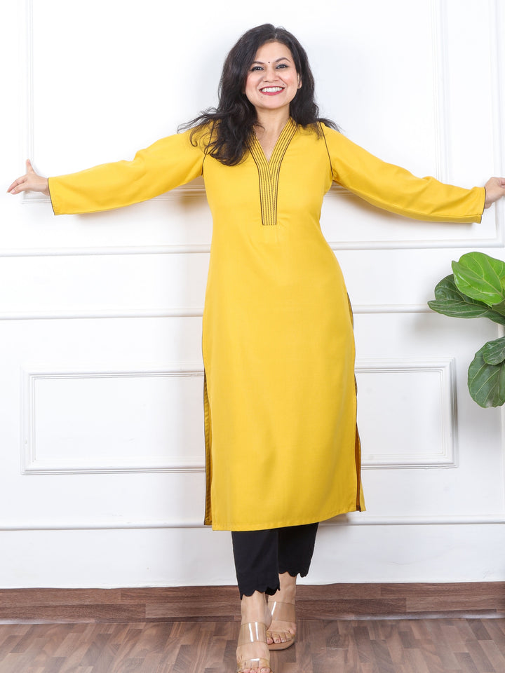 इश्किया Sunshine Yellow Running Thread Neck Work Semi Pashmina Winter Kurti