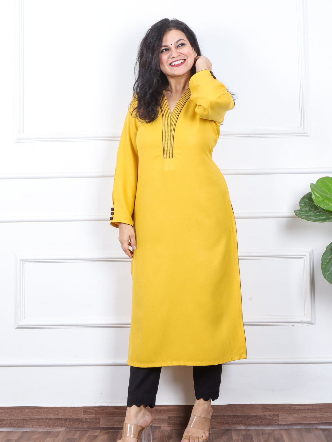 इश्किया Sunshine Yellow Running Thread Neck Work Semi Pashmina Winter Kurti