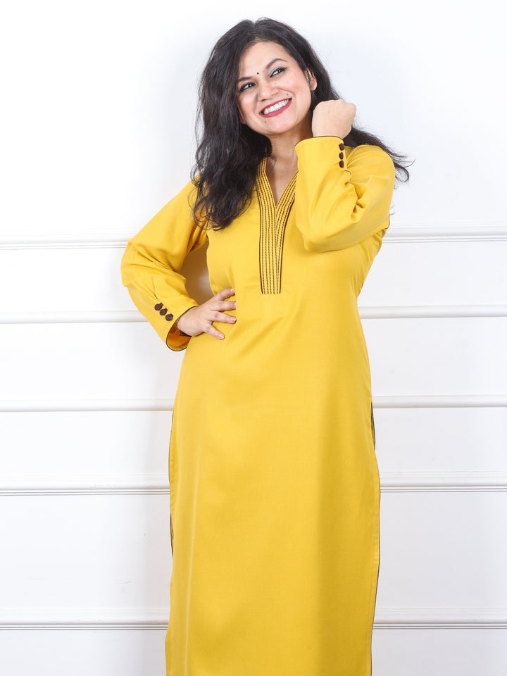 इश्किया Sunshine Yellow Running Thread Neck Work Semi Pashmina Winter Kurti