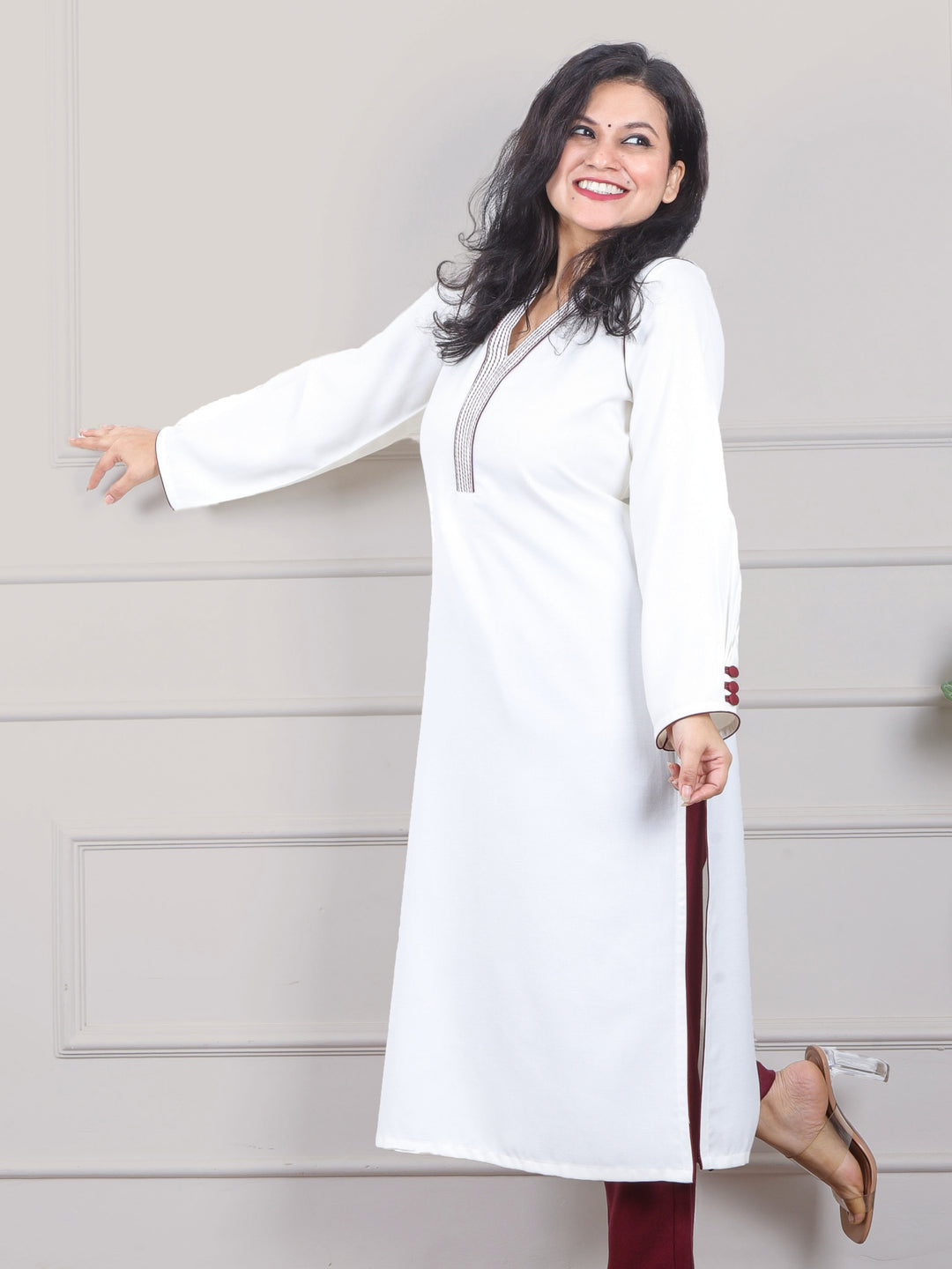 इश्किया Cloud White Running Thread Neck Work Semi Pashmina Winter Kurti