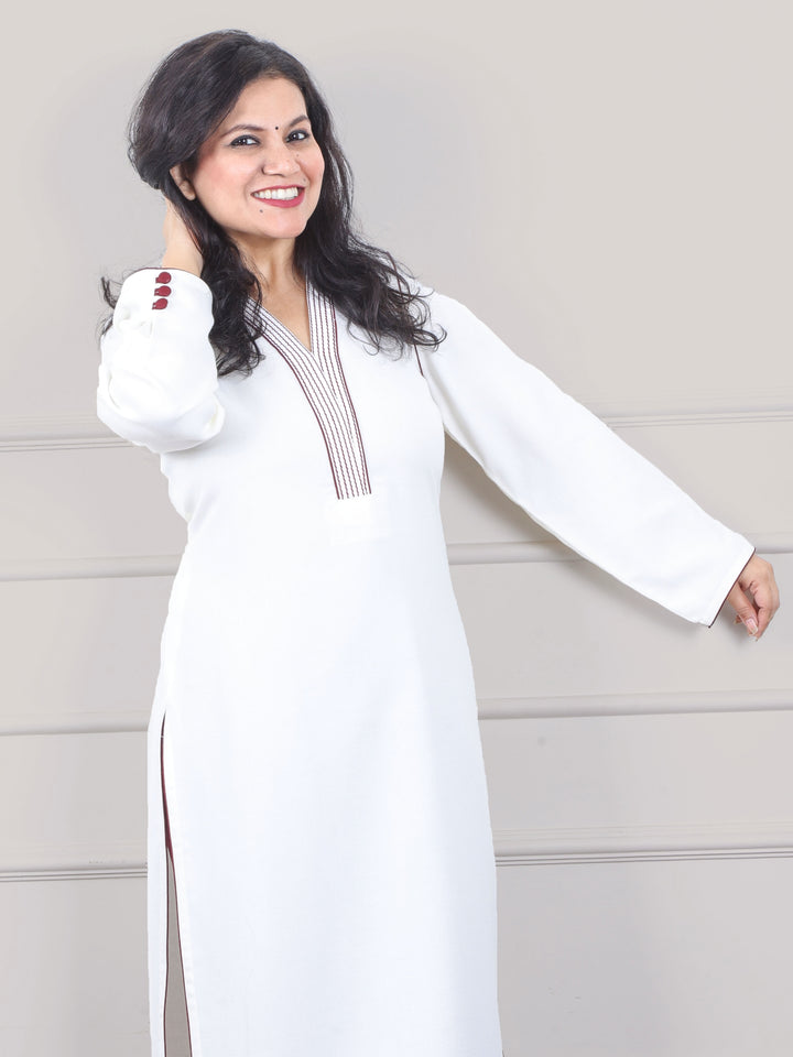 इश्किया Cloud White Running Thread Neck Work Semi Pashmina Winter Kurti