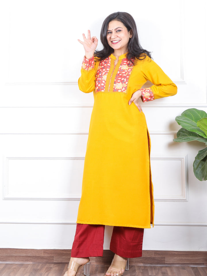 छाया Corn Yellow with Red Kalamkari Printed Patch in Semi Pashmina Winter Kurti