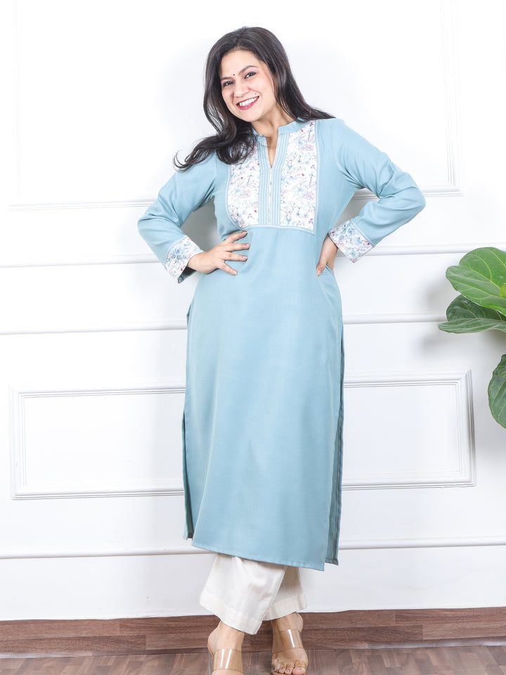 छाया Powder Blue Floral Printed Patch in Semi Pashmina Winter Kurti