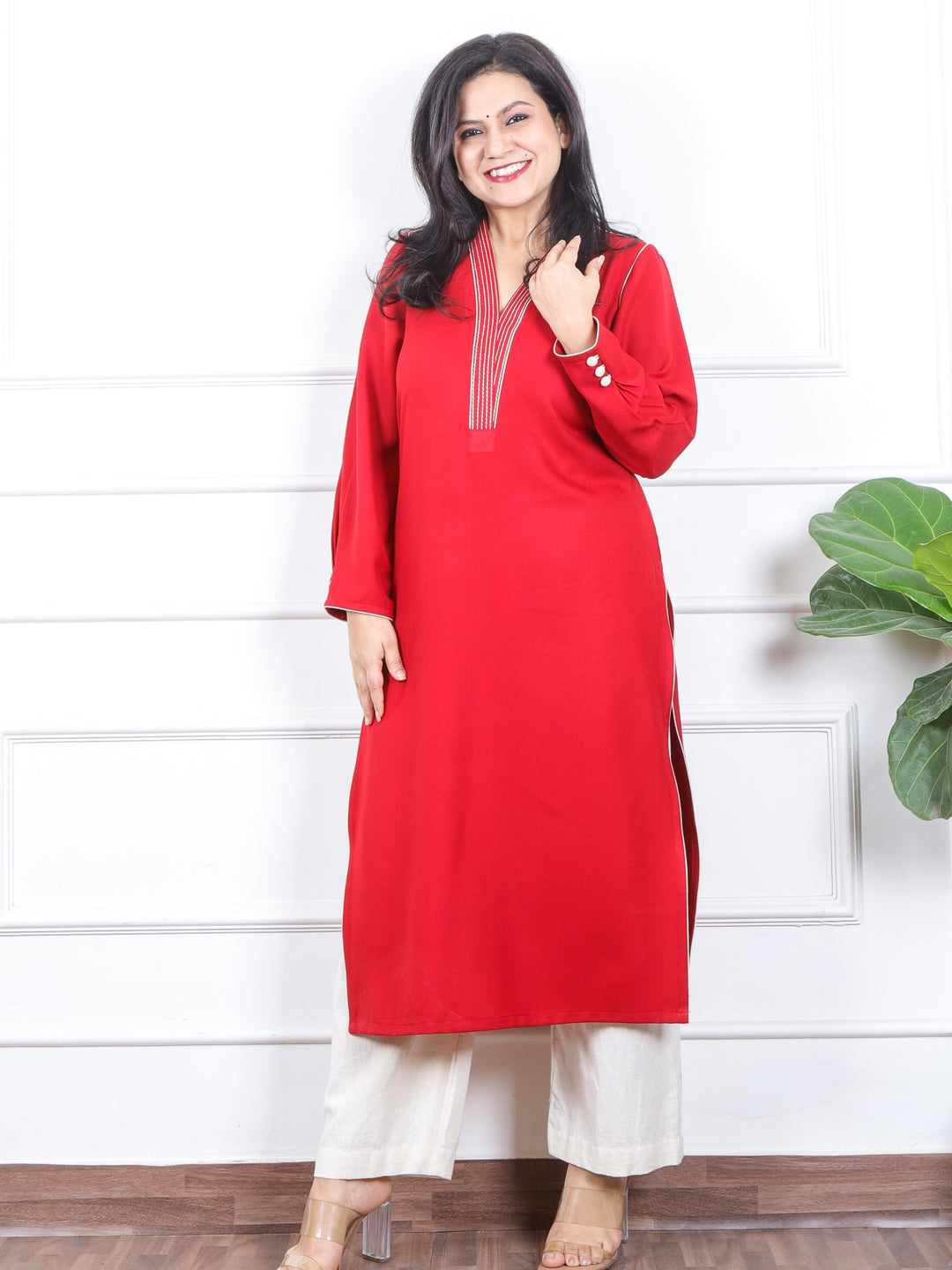 छाया Vermillion Red Running Thread Neck Work Semi Pashmina Winter Kurti