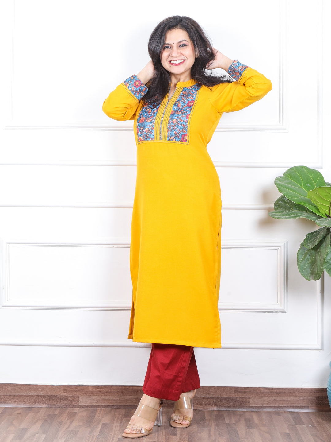 छाया Corn Yellow with Blue Kalamkari Printed Patch in Semi Pashmina Winter Kurti