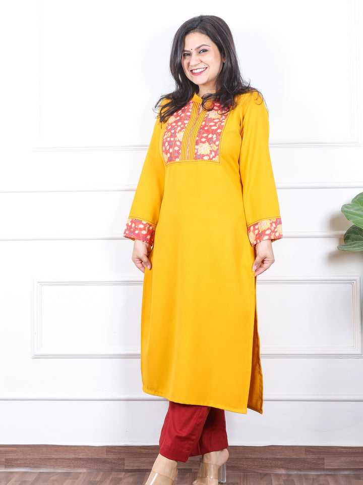 छाया Corn Yellow with Red Kalamkari Printed Patch in Semi Pashmina Winter Kurti