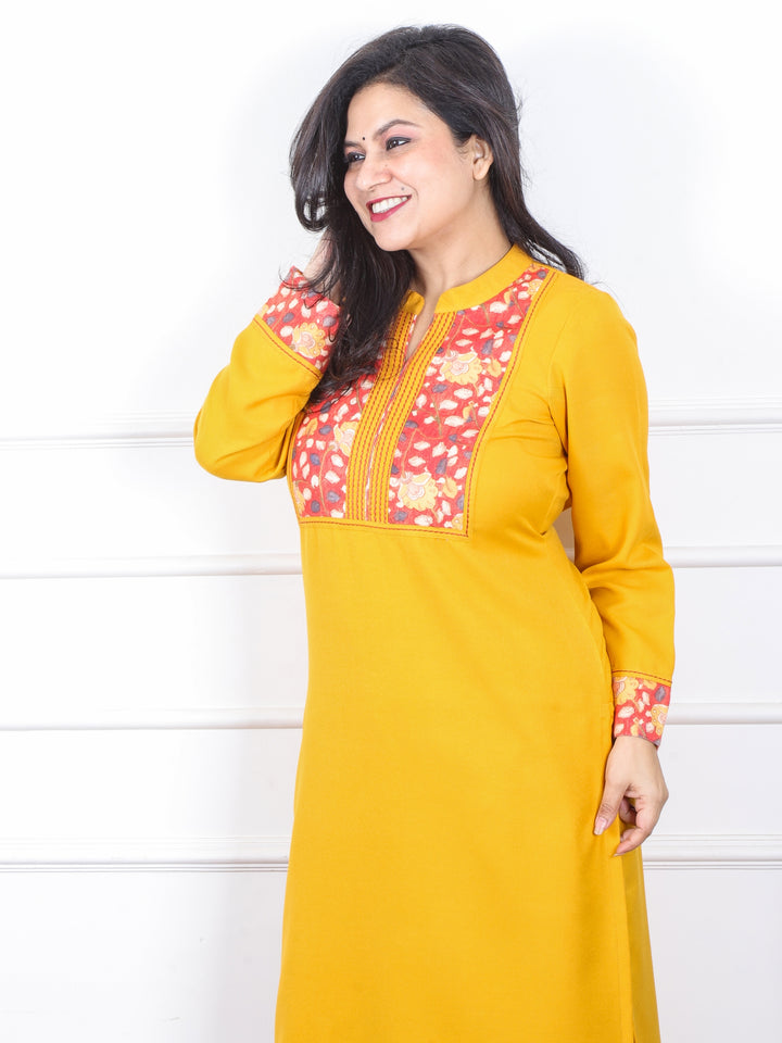 छाया Corn Yellow with Red Kalamkari Printed Patch in Semi Pashmina Winter Kurti