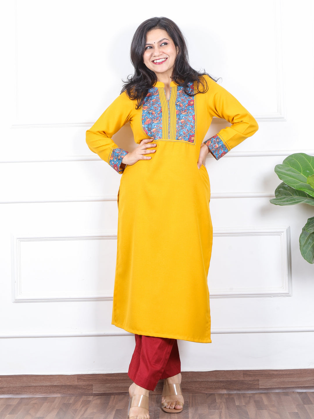 छाया Corn Yellow with Blue Kalamkari Printed Patch in Semi Pashmina Winter Kurti